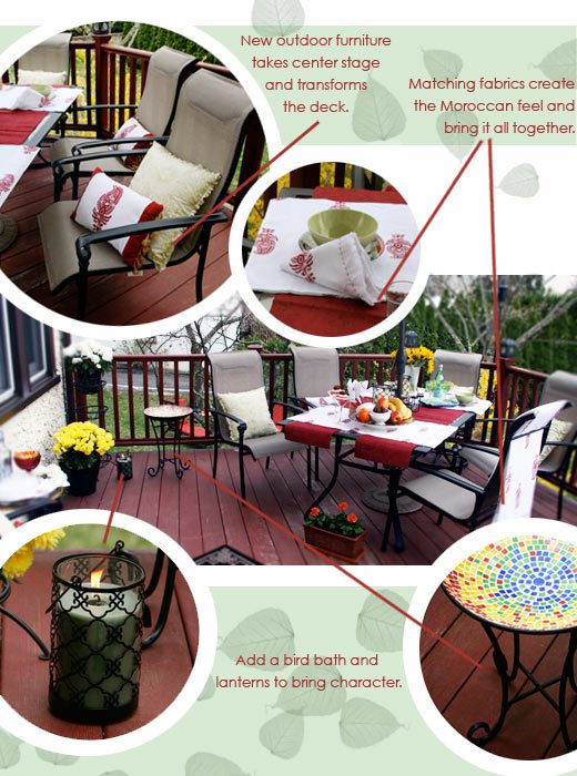 Patio with dining area, backyard makeover with patio, Moroccan theme patio, Kmart deck design, Kmart Outdoor Living