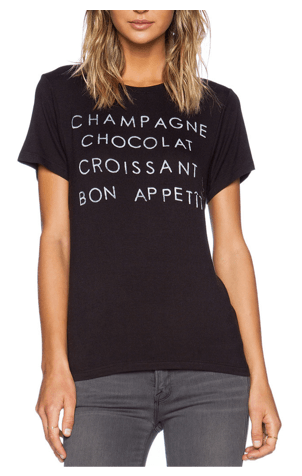 Champagne; Chocolat; Croissant. Bon Appetit! Slip into our relaxed "Bon Appetit" printed boyfriend tee